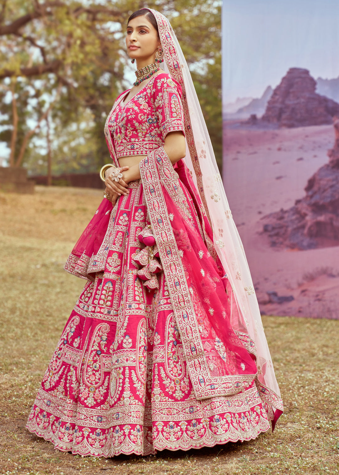 Pink Pure silk Moti, Sequins Embroidery Bridal Lehenga