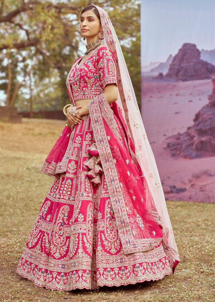 Pink Pure silk Moti, Sequins Embroidery Bridal Lehenga