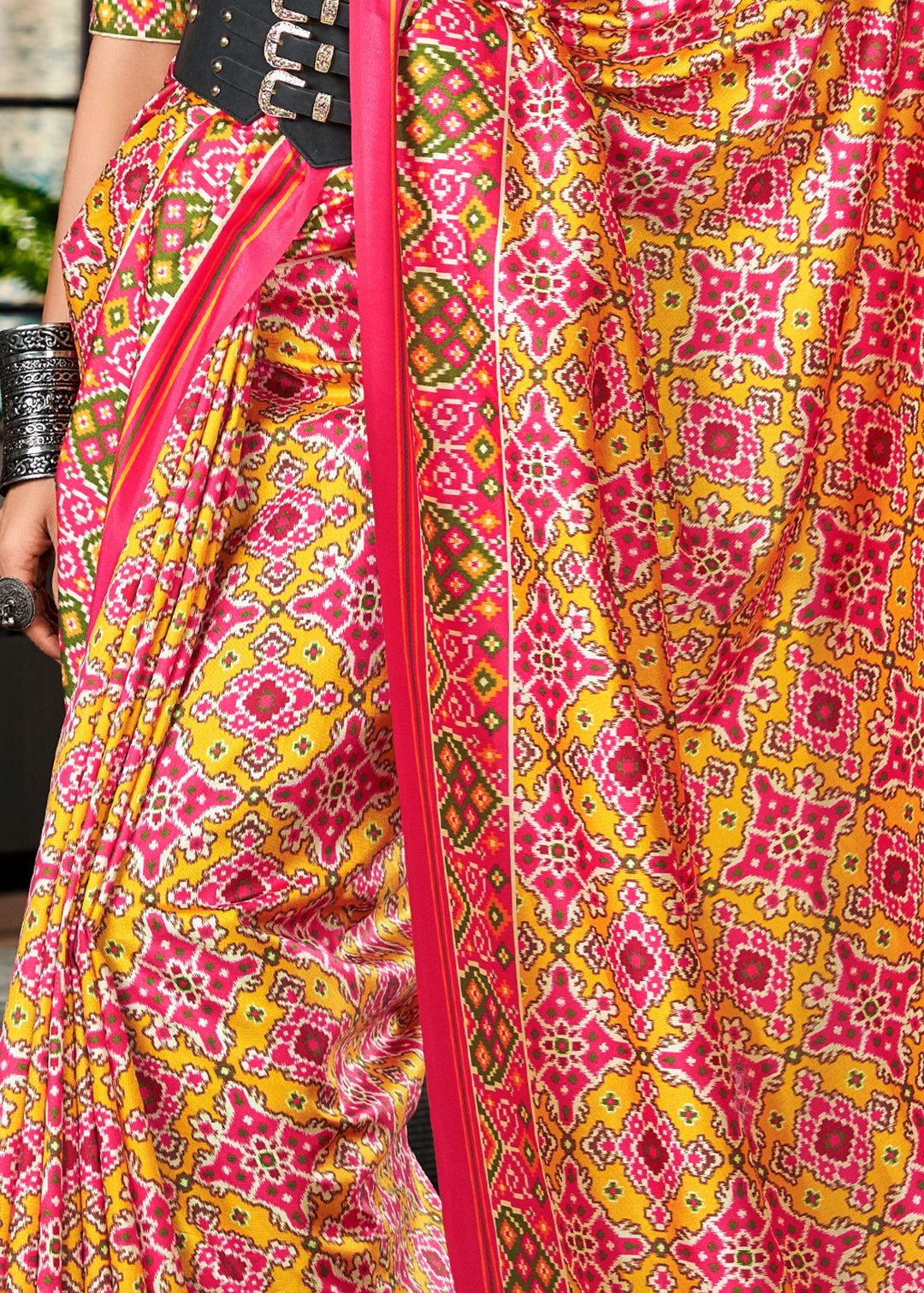 Canary Yellow & Pink Tussar Silk Saree With Beautiful Patola Print