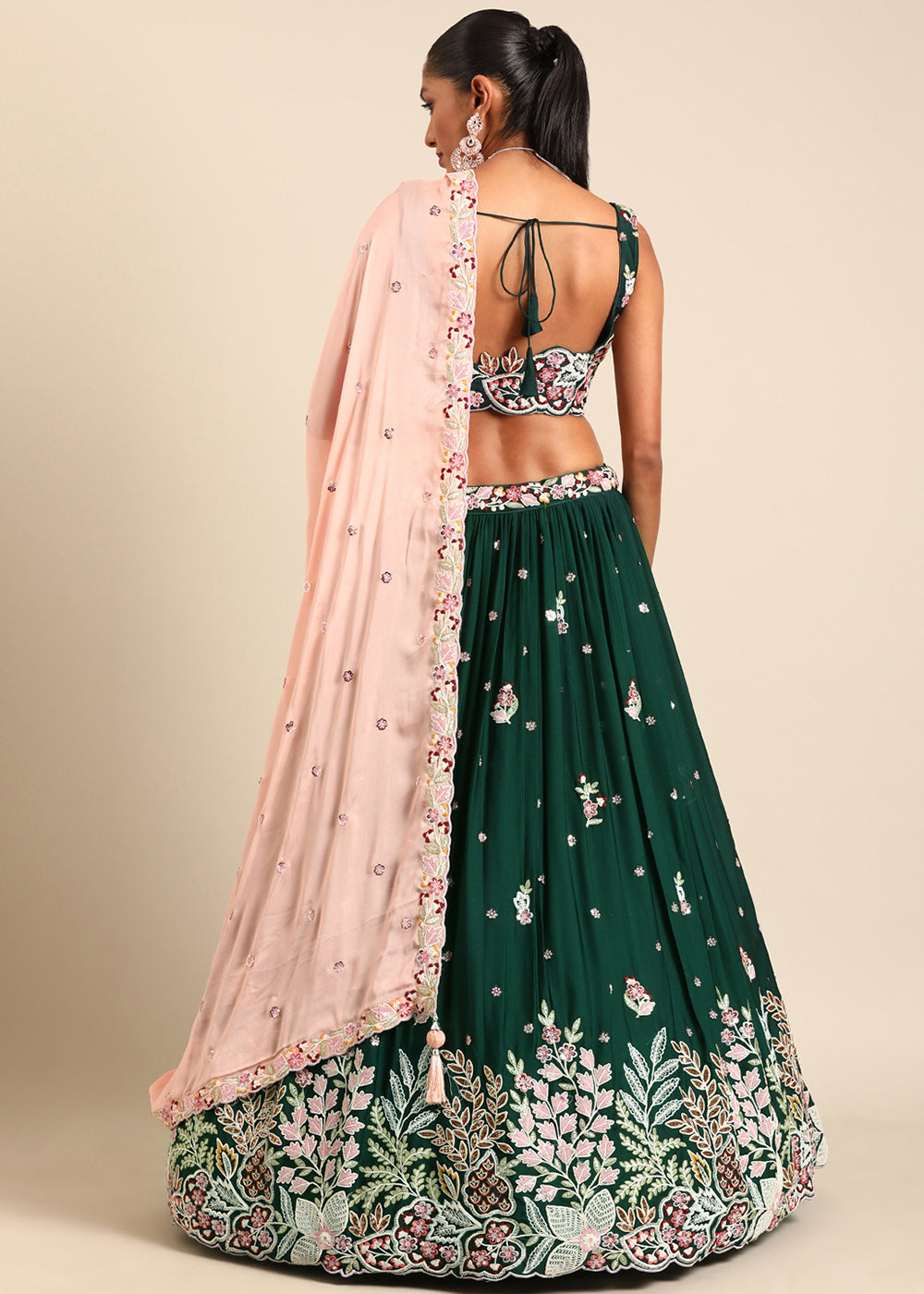 Sacramento Green Georgette Lehenga Choli with Sequins & Thread Embroidery work