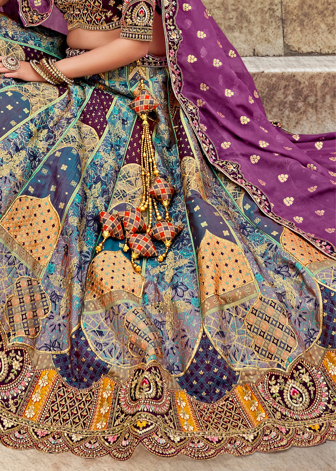 Mauve Purple & Blue Banarasi Silk Lehenga Choli with Zarkan, Sequence and Thread Work