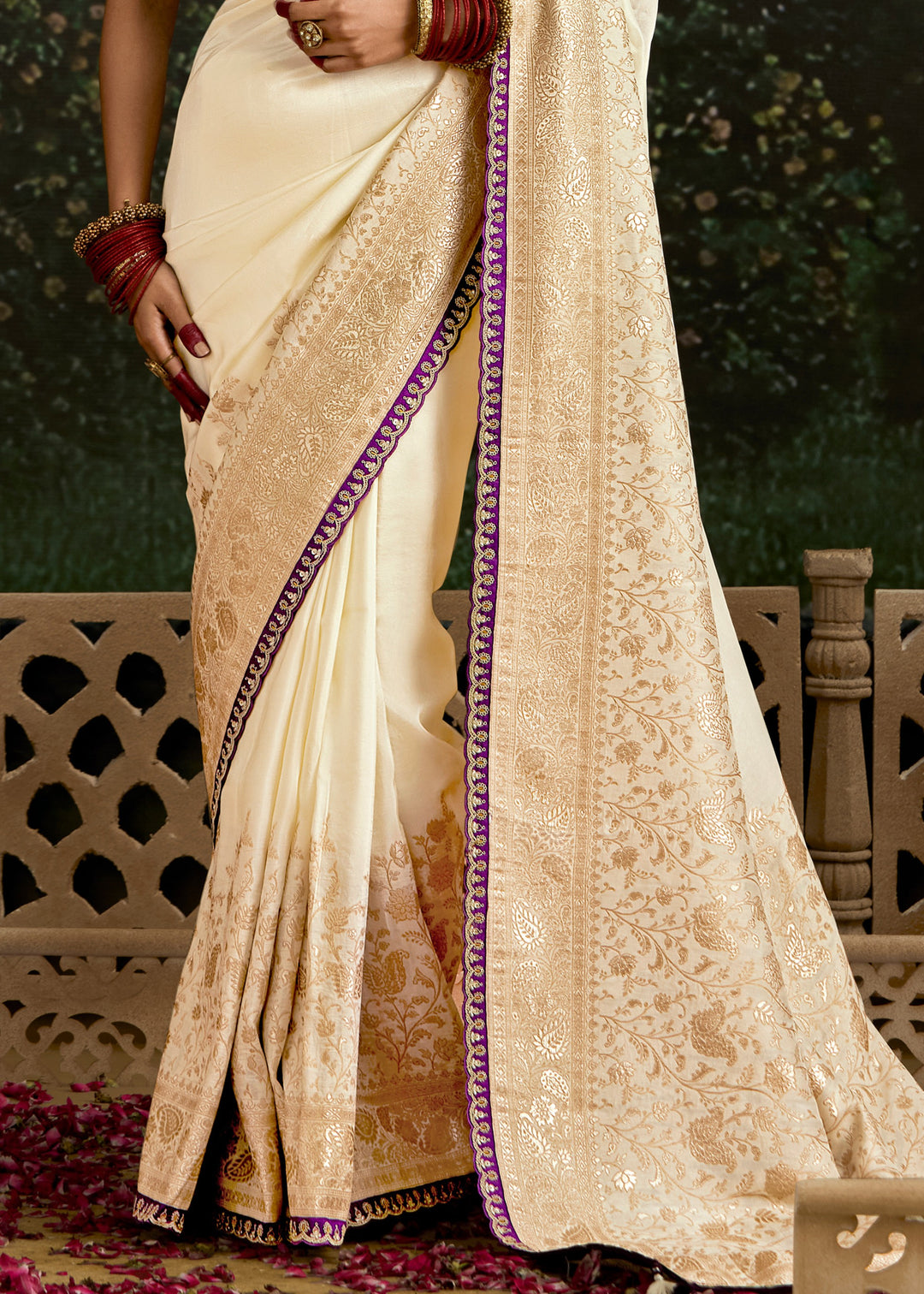 Off-White and Purple Saree with Viscose Silk and Zari Work