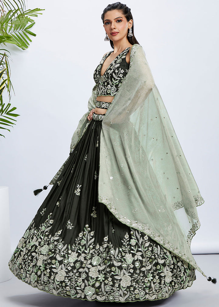 Dark Olive Green Georgette Lehenga Choli with Sequins & Thread Embroidery work