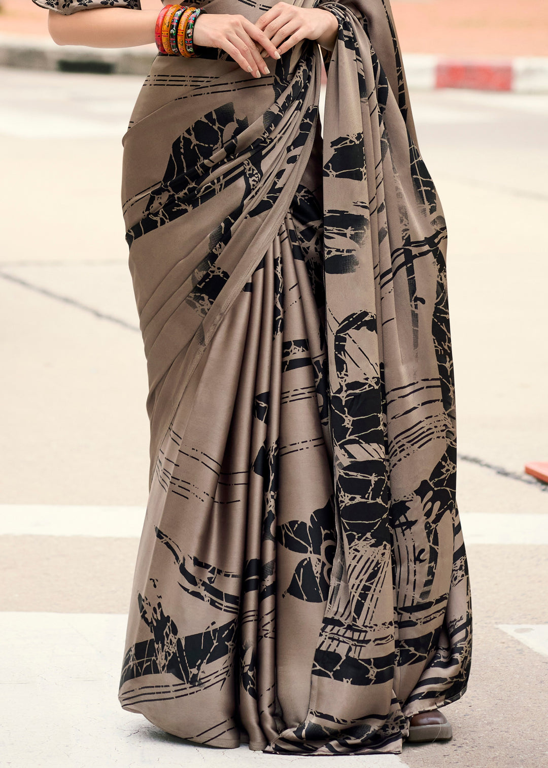 Taupe Brown Printed Satin Silk Saree