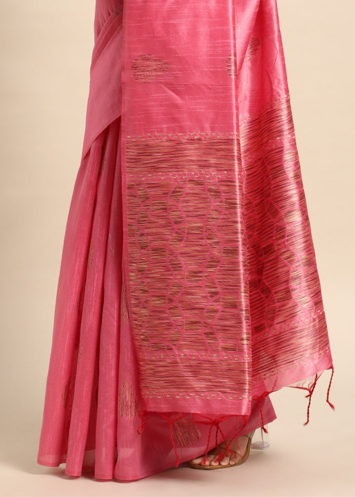 Rouge Pink Woven Handloom Raw Silk Saree