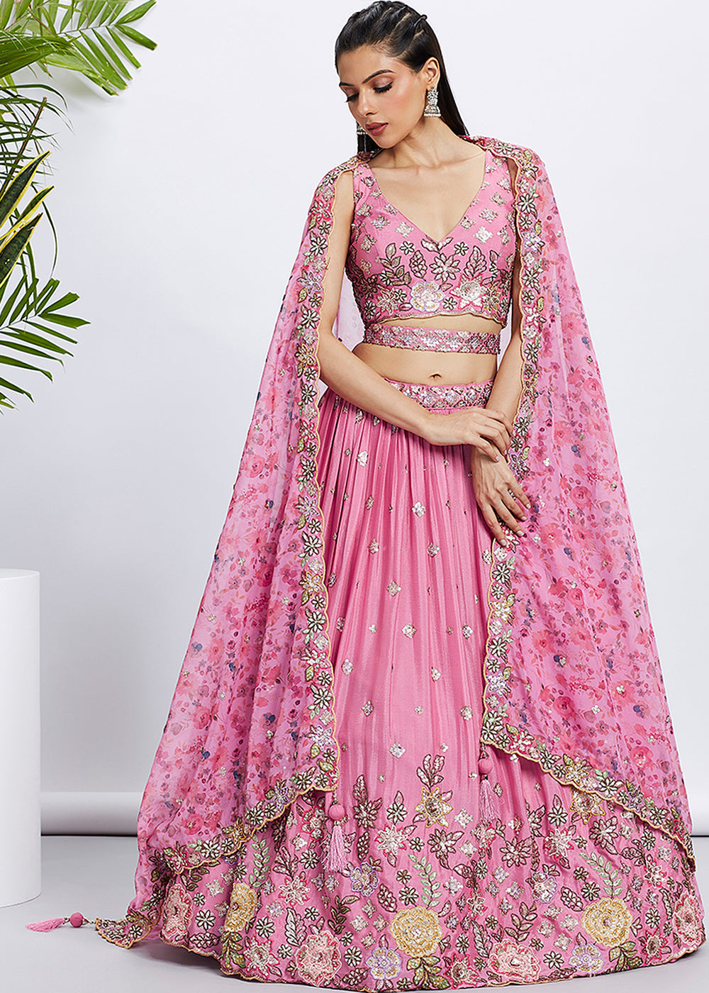 Neon Pink Chiffon Lehenga Choli with Sequins & Thread Embroidery work