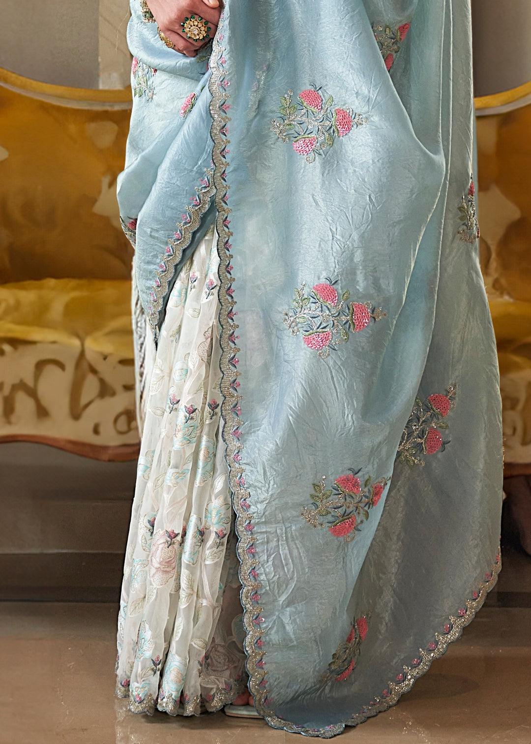 Light Blue And White Fancy Tissue Saree With Unique Work And Designer Blouse