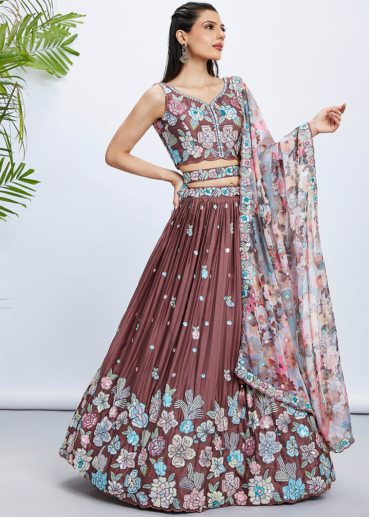 Dark Rose Gold Georgette Lehenga Choli with Sequins & Thread Embroidery work