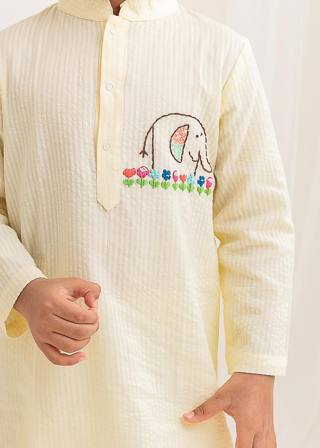 Organic Cotton Hand Embroidered Yellow Kurta paired with Pajama Pants - Elephant