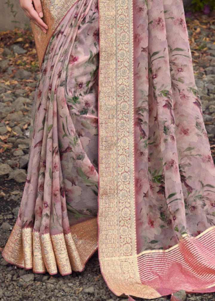 Pinkish Beige Floral Printed Silk Saree with Contrast Blouse