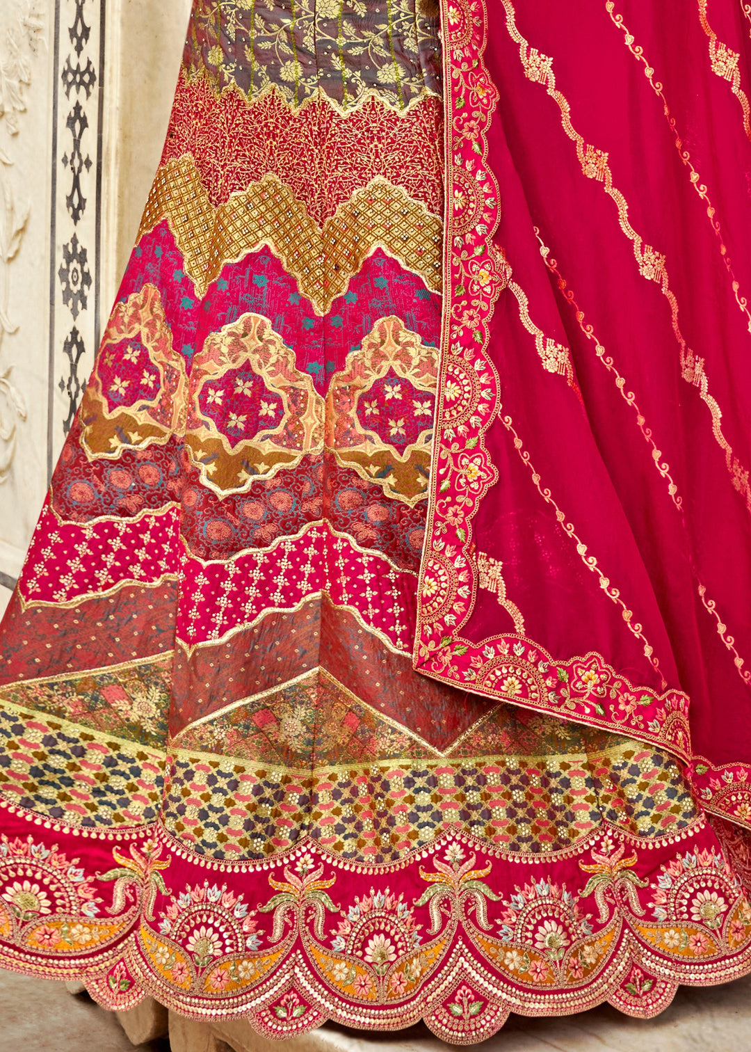 Raspberry Pink Banarasi Silk Lehenga Choli with Zarkan, Sequence and Thread Work