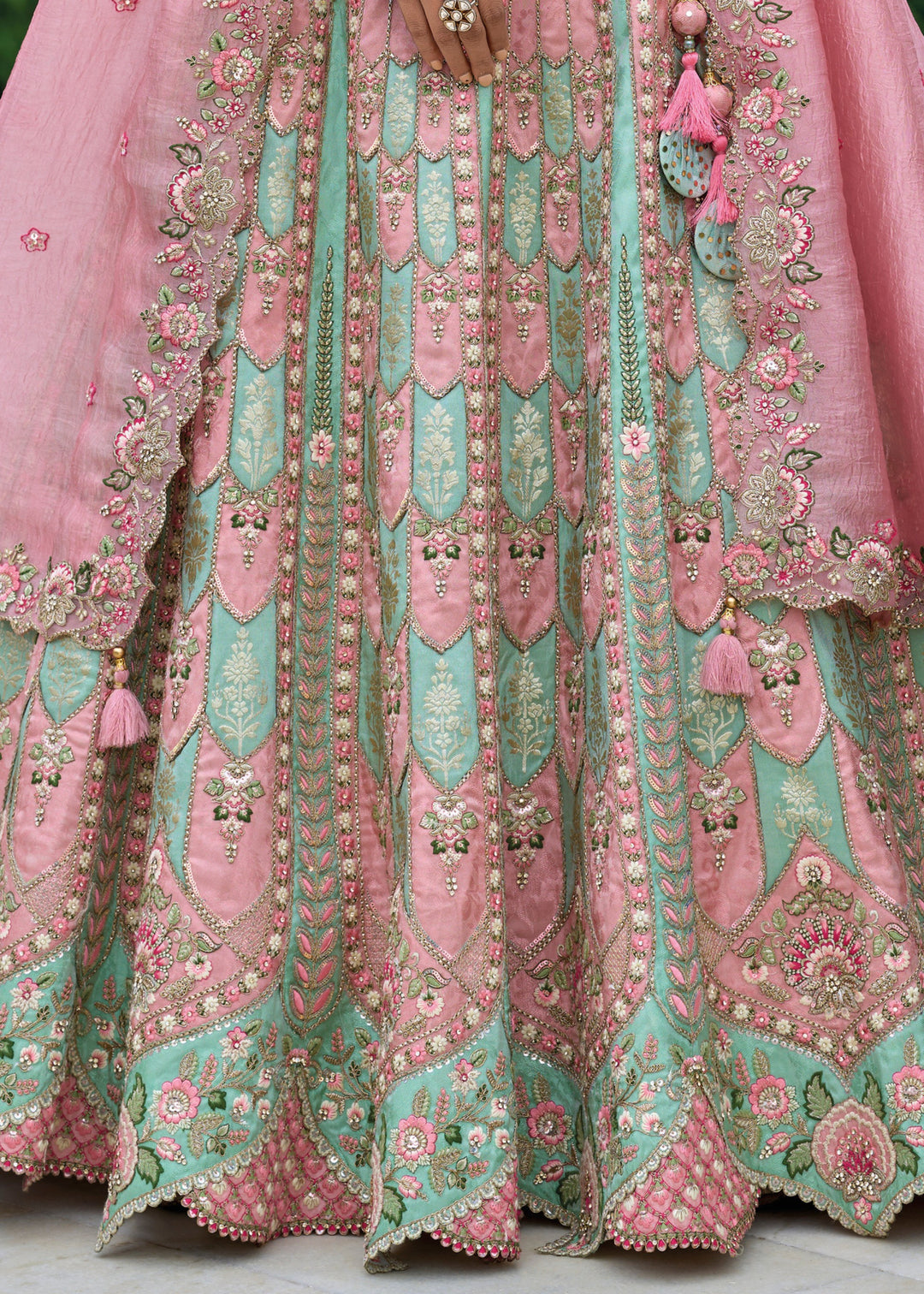 Mint Green and Pink Viscose Tissue Lehenga Choli with Embroidery Work