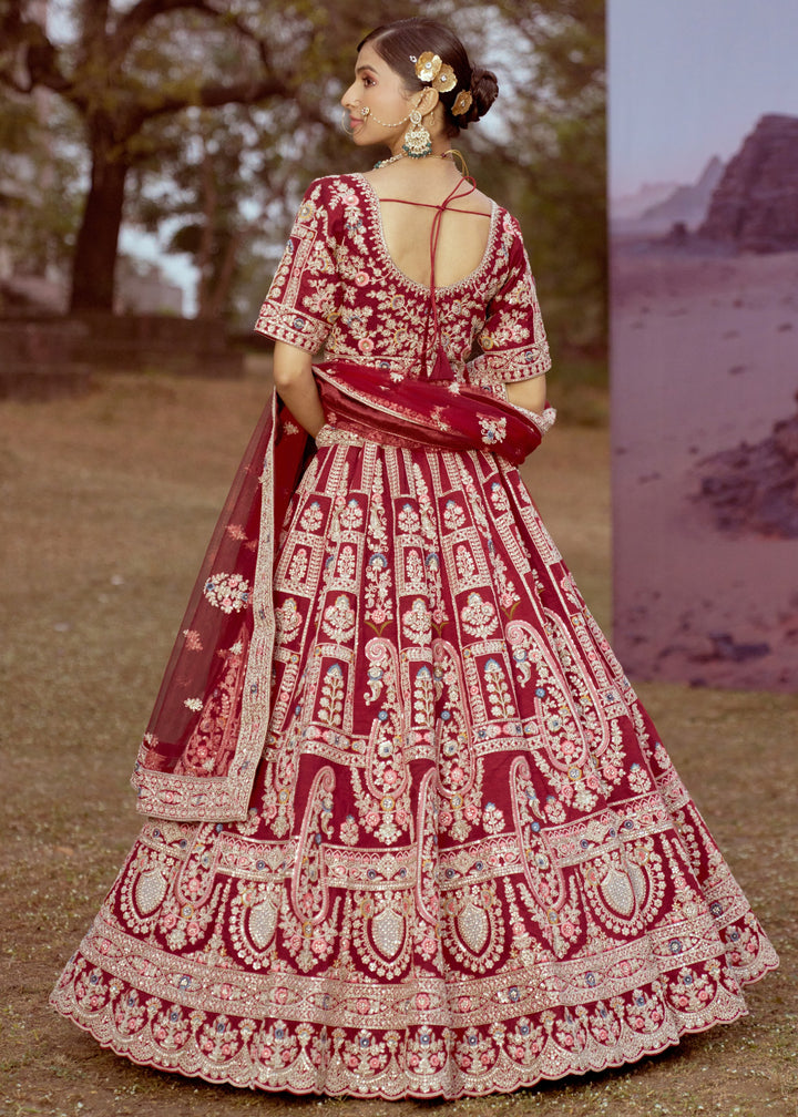 Maroon Pure Silk Moti, Sequins Embroidery Bridal Lehenga