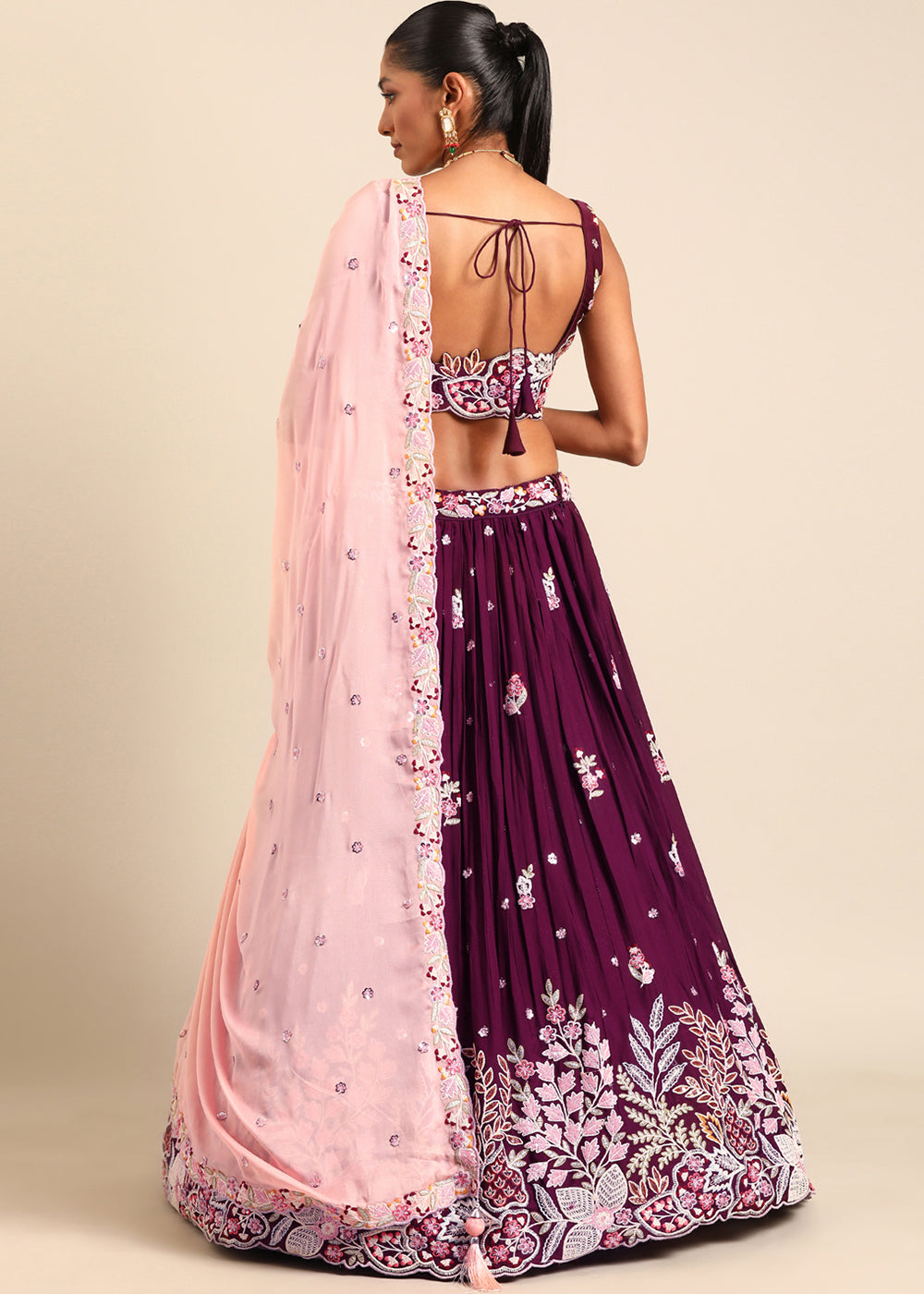 Jam Purple Georgette Lehenga Choli with Sequins & Thread Embroidery work