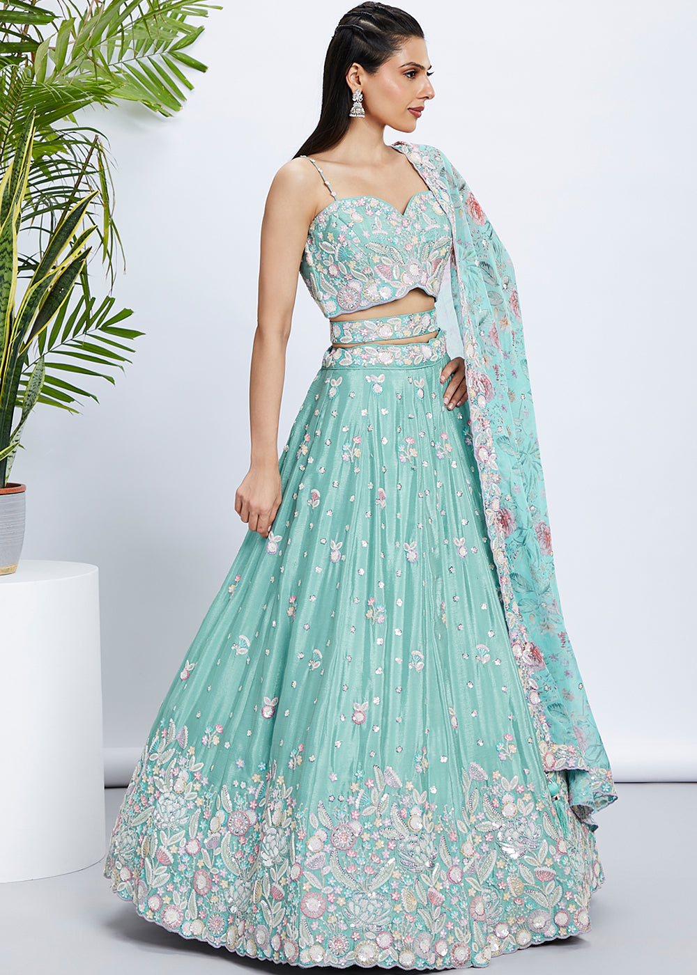 Blue Green Chiffon Lehenga Choli with Sequins & Thread Embroidery work