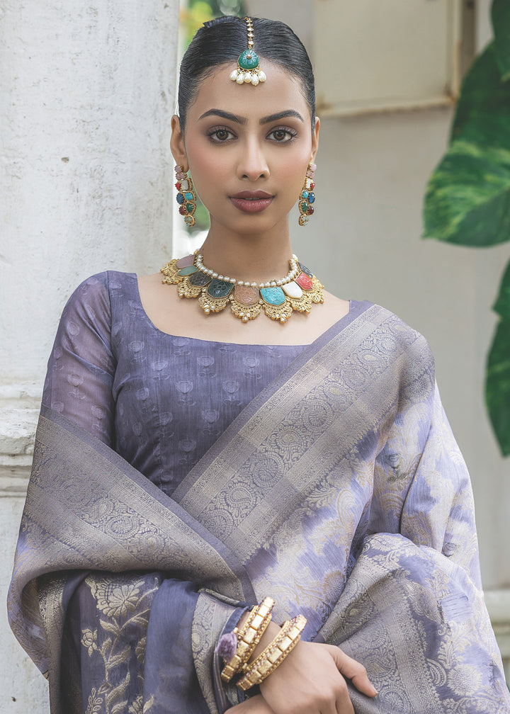 Greyish Purple Woven Silk Saree with Contrast Pallu