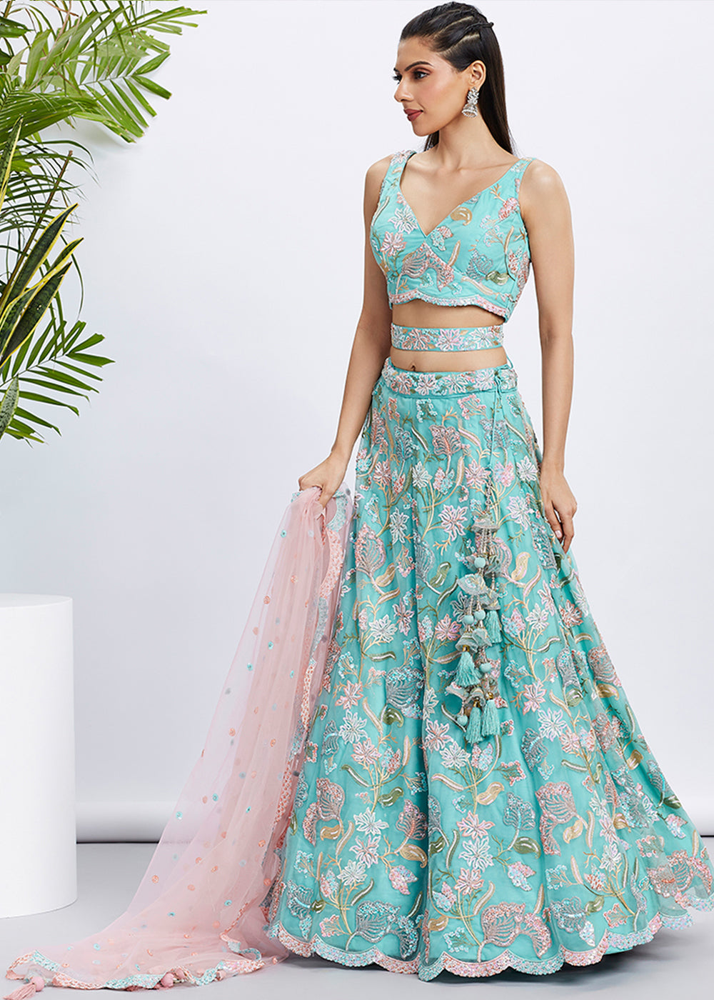 Turquoise Blue Net Lehenga Choli with Sequins & Thread Embroidery work