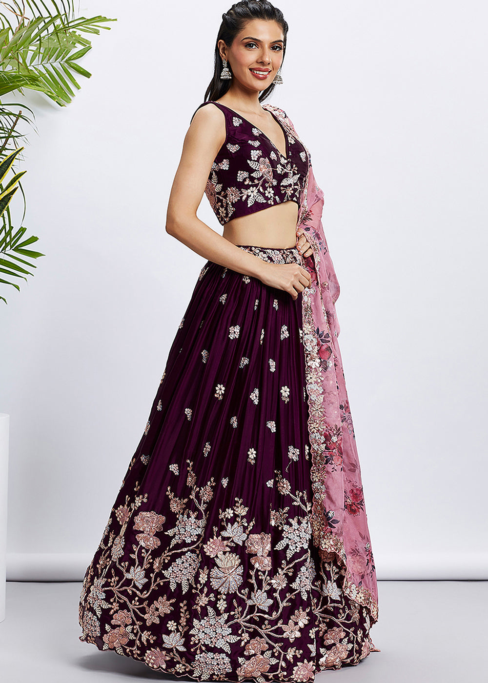 Raisin Purple Georgette Lehenga Choli with Sequins & Thread Embroidery work