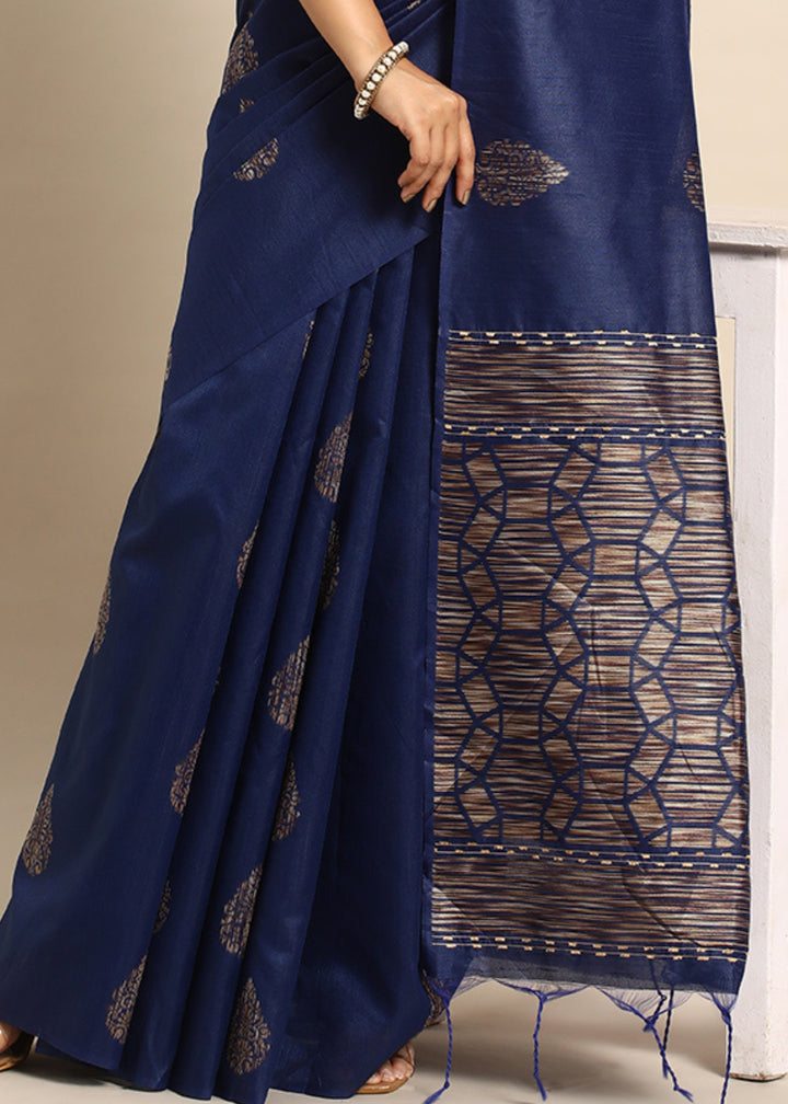 Denim Blue Woven Handloom Raw Silk Saree