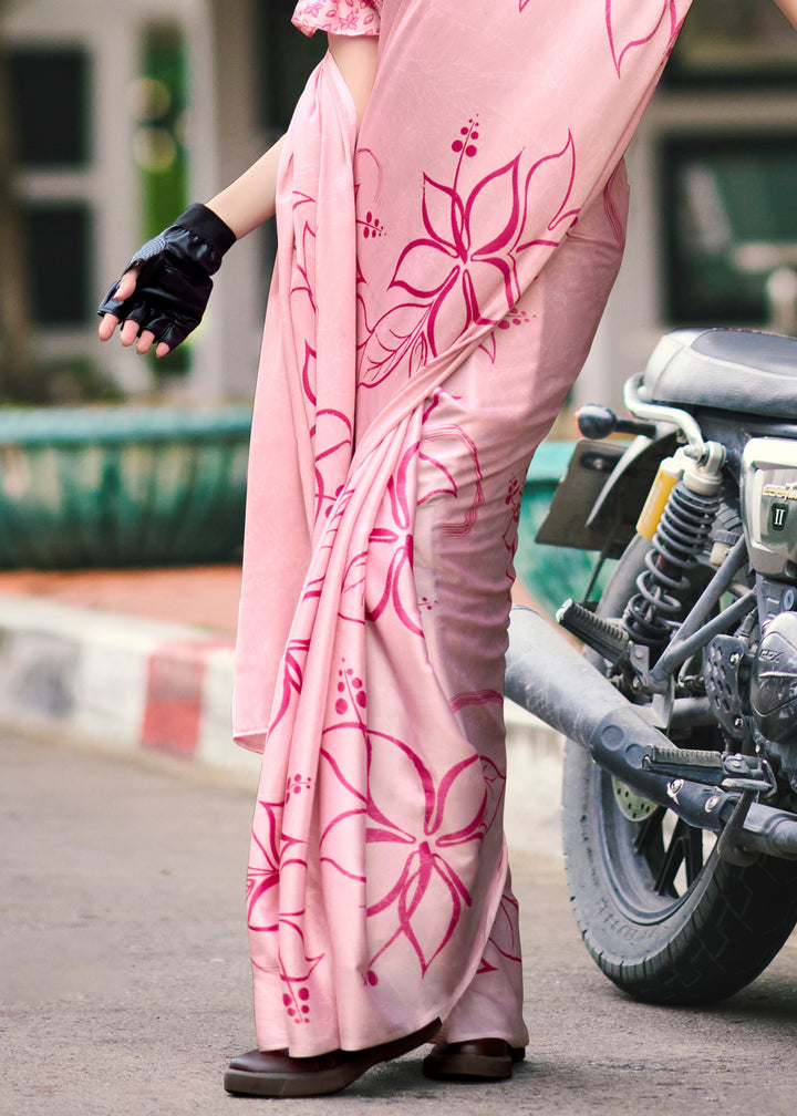 Light Pink Printed Satin Silk Saree