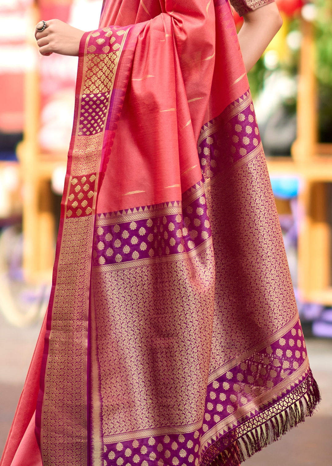 Vivid Peach Banarasi Silk Saree With Beautiful Contrast Border