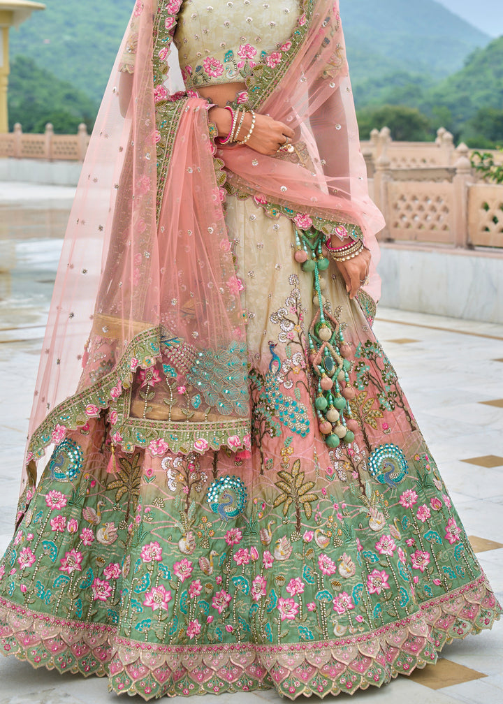 Pista Green and peach Viscose Tissue Lehenga Choli with Embroidery Work (PRE-ORDER)