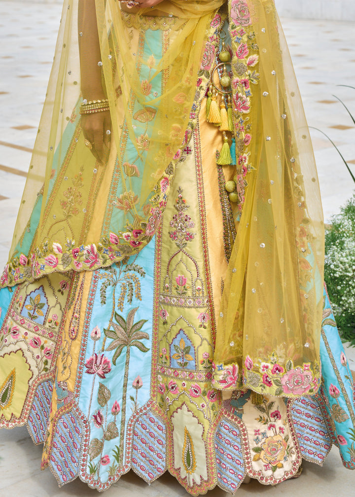 Green and Light Blue Viscose Tissue Lehenga Choli with Embroidery Work