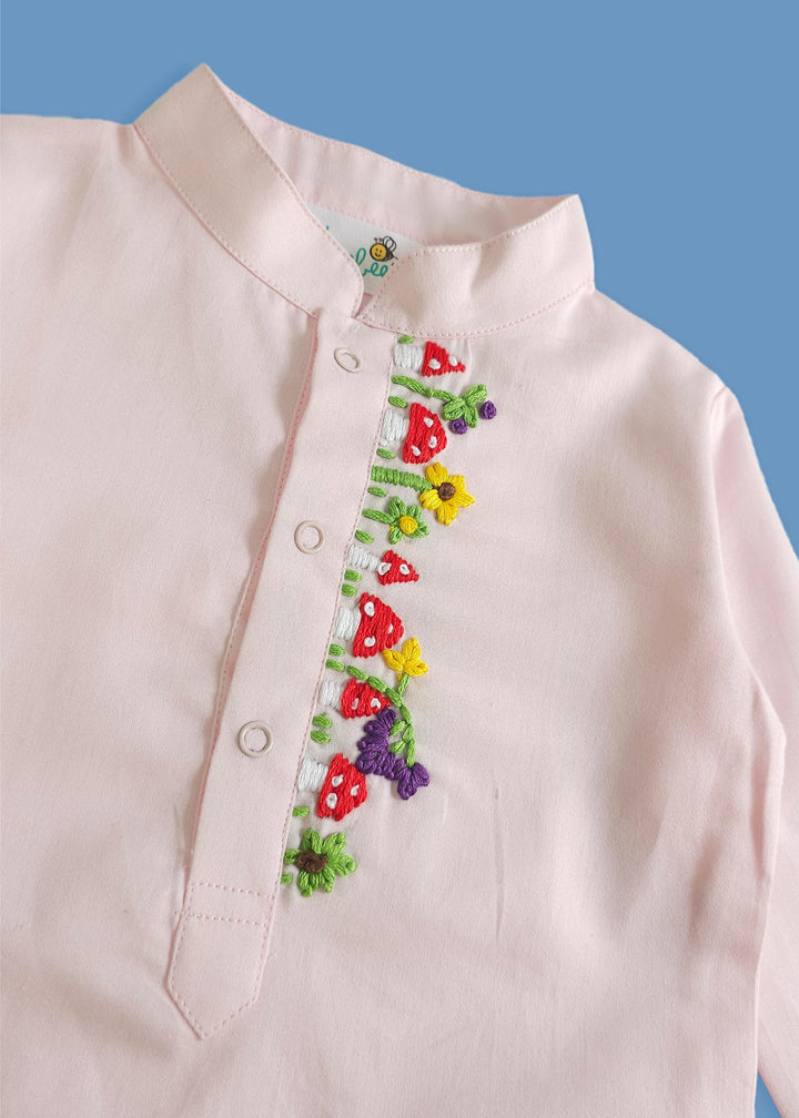 Organic Cotton Mushroom Embroidered Baby Pink Kurta paired with Pajama Pants - Cluster