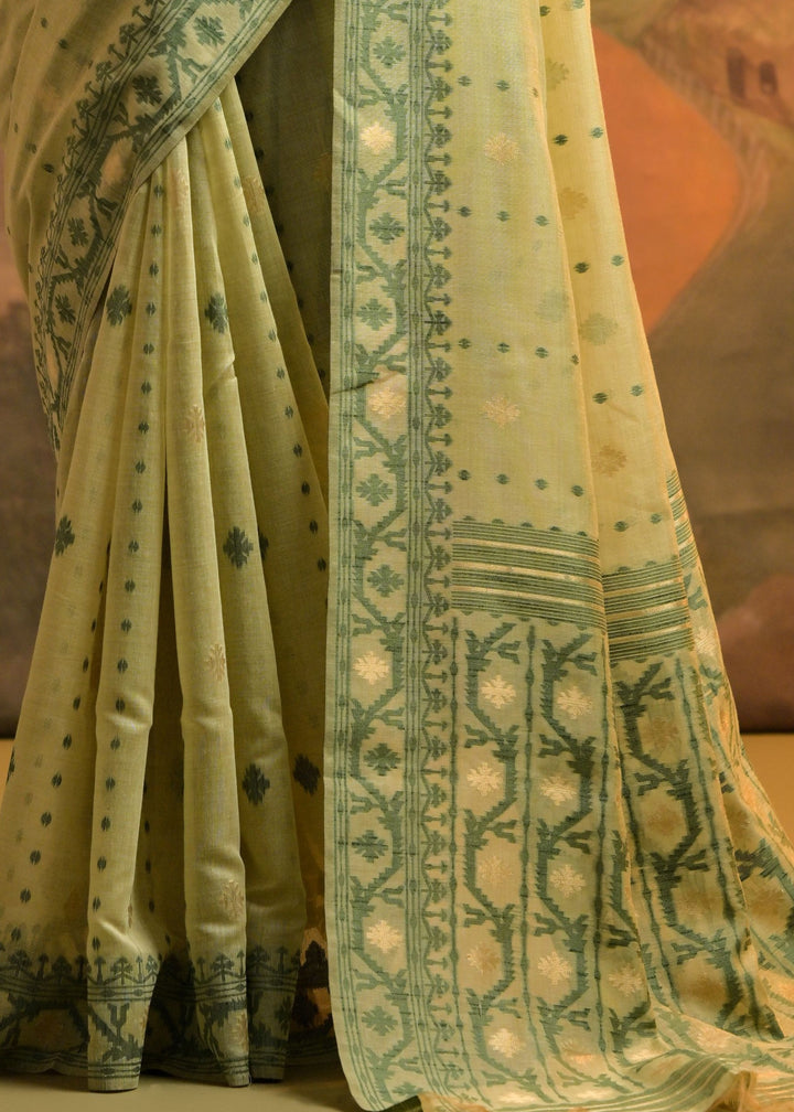 Light Green Thread Woven Cotton Saree With All Over Butti