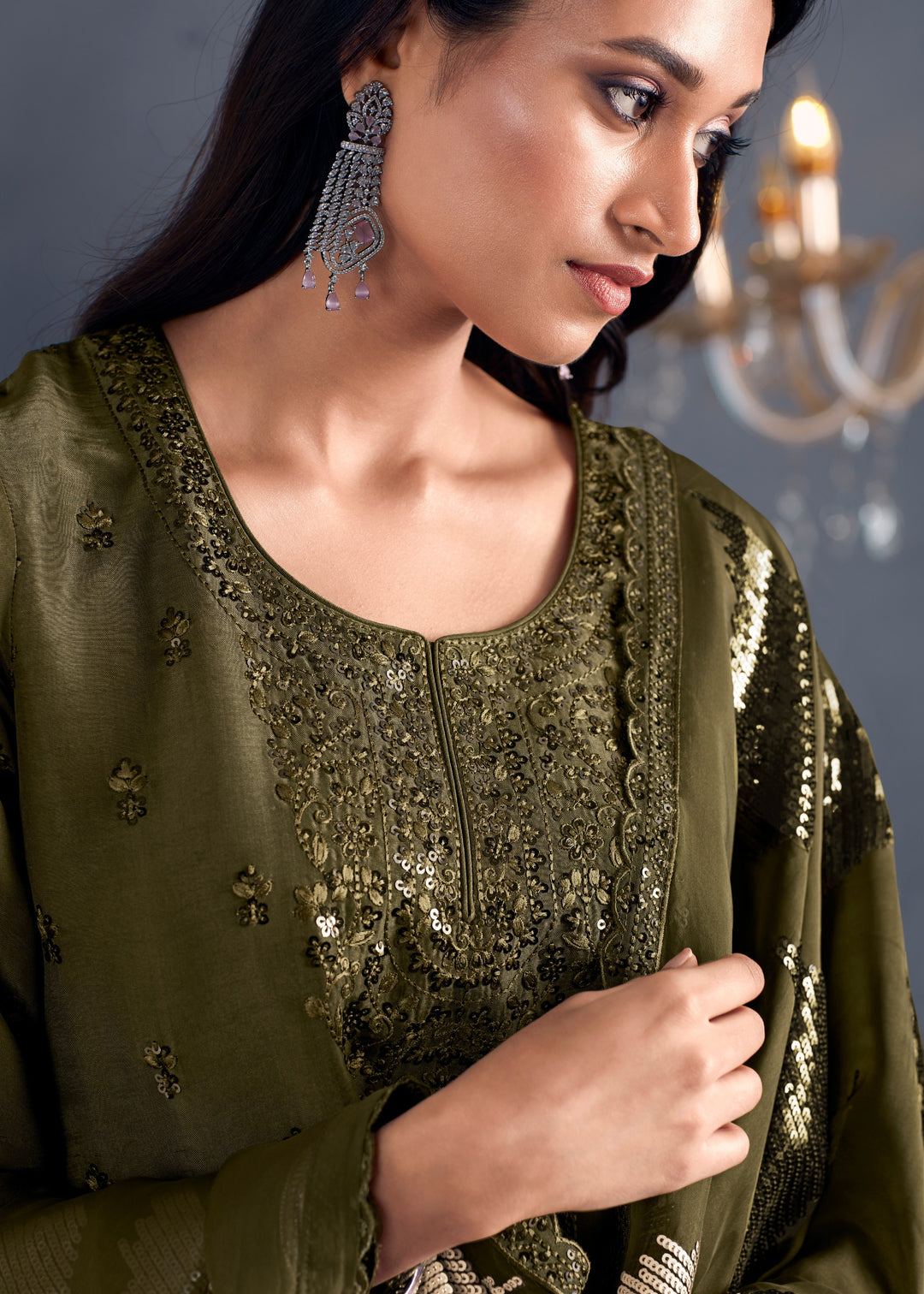 Mehandi green hazel Russian Silk Sequins Salwar Suit