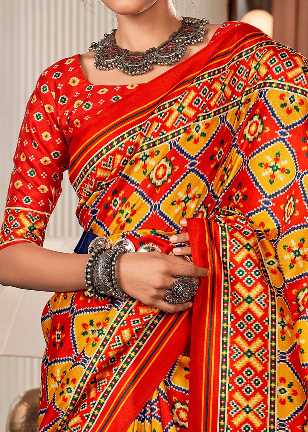 Blonde Yellow & Orange Tussar Silk Saree With Beautiful Patola Print