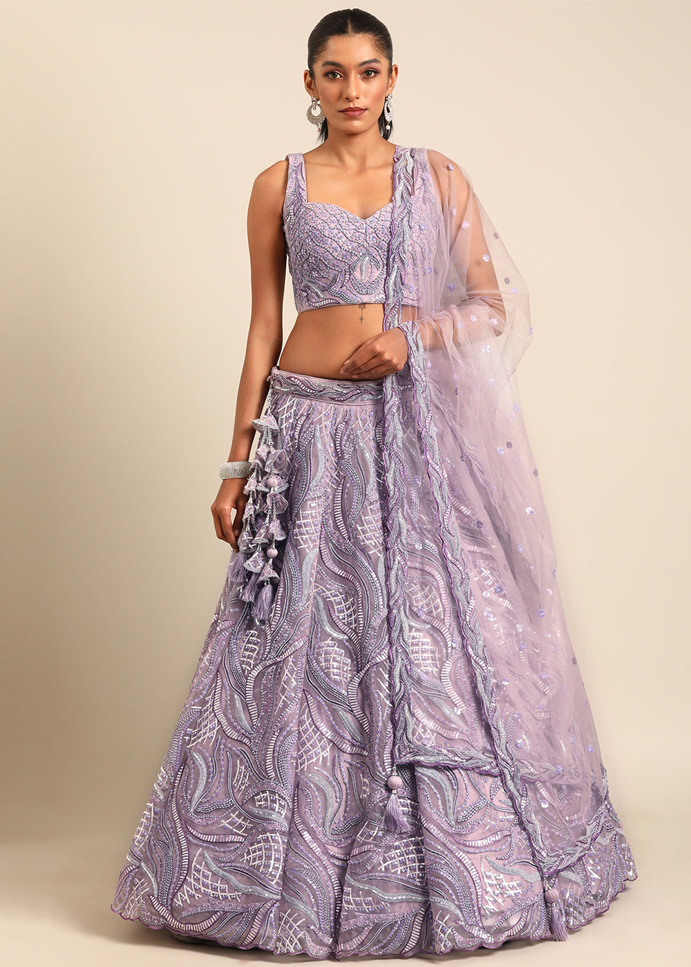 Shades Of Purple Net Lehenga Choli with Sequins & Zarkan Embroidery work