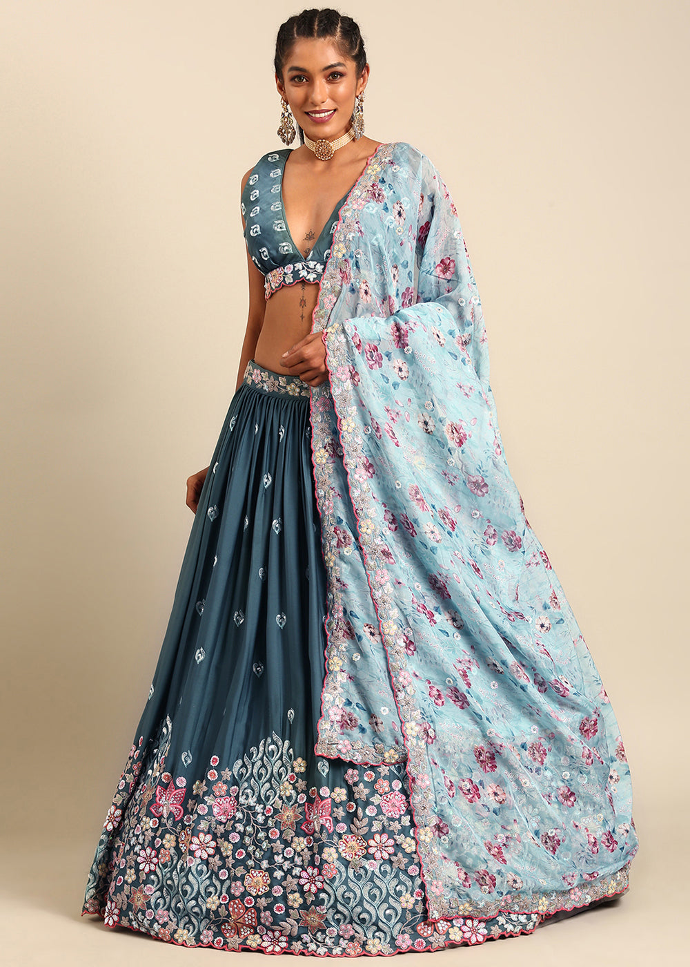 Celadon Blue Georgette Multi Sequins Lehenga Choli