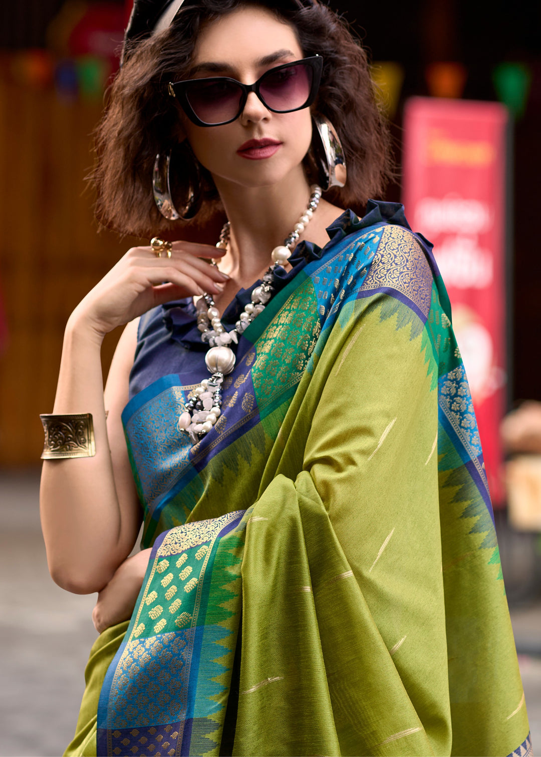 Slime Green Banarasi Silk Saree With Beautiful Contrast Border