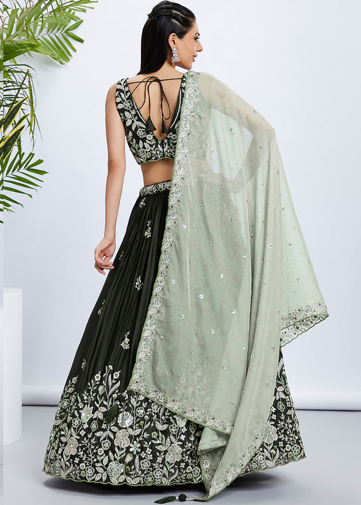 Dark Olive Green Georgette Lehenga Choli with Sequins & Thread Embroidery work