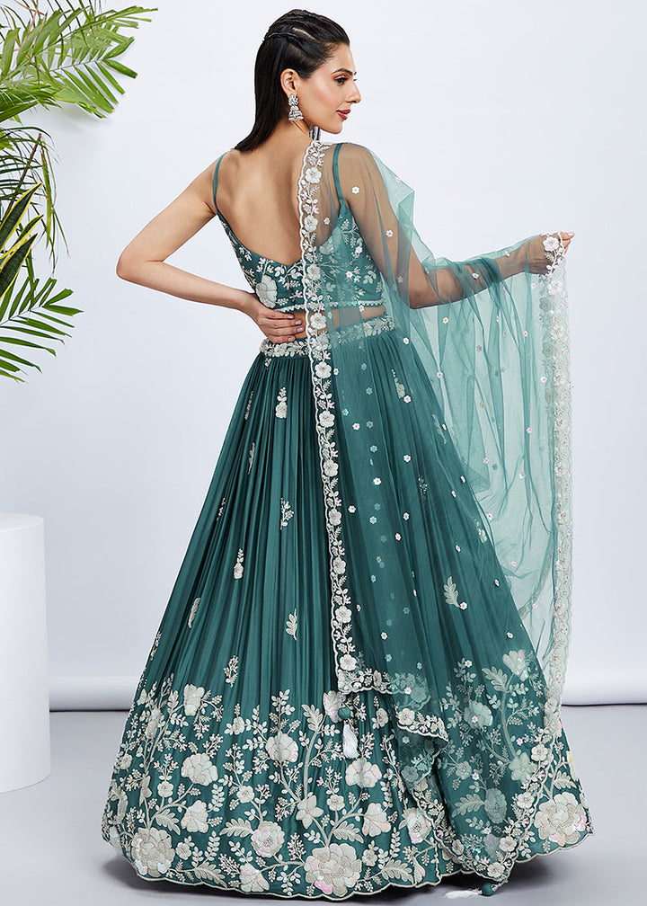 Dark Cyan Blue Georgette Lehenga Choli with Sequins & Thread Embroidery work