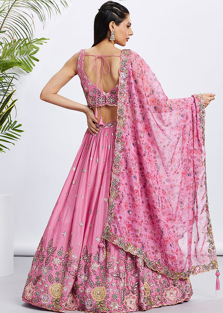 Neon Pink Chiffon Lehenga Choli with Sequins & Thread Embroidery work