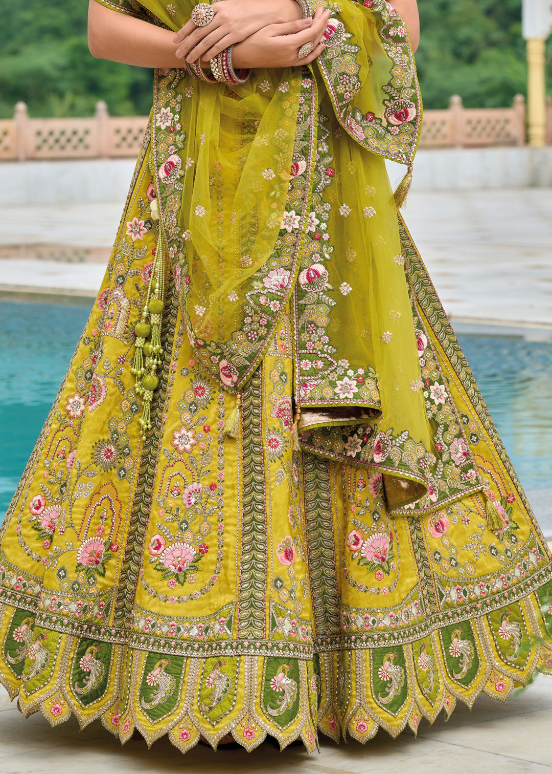 Moss Green and Yellow Viscose Tissue Lehenga Choli with Embroidery Work