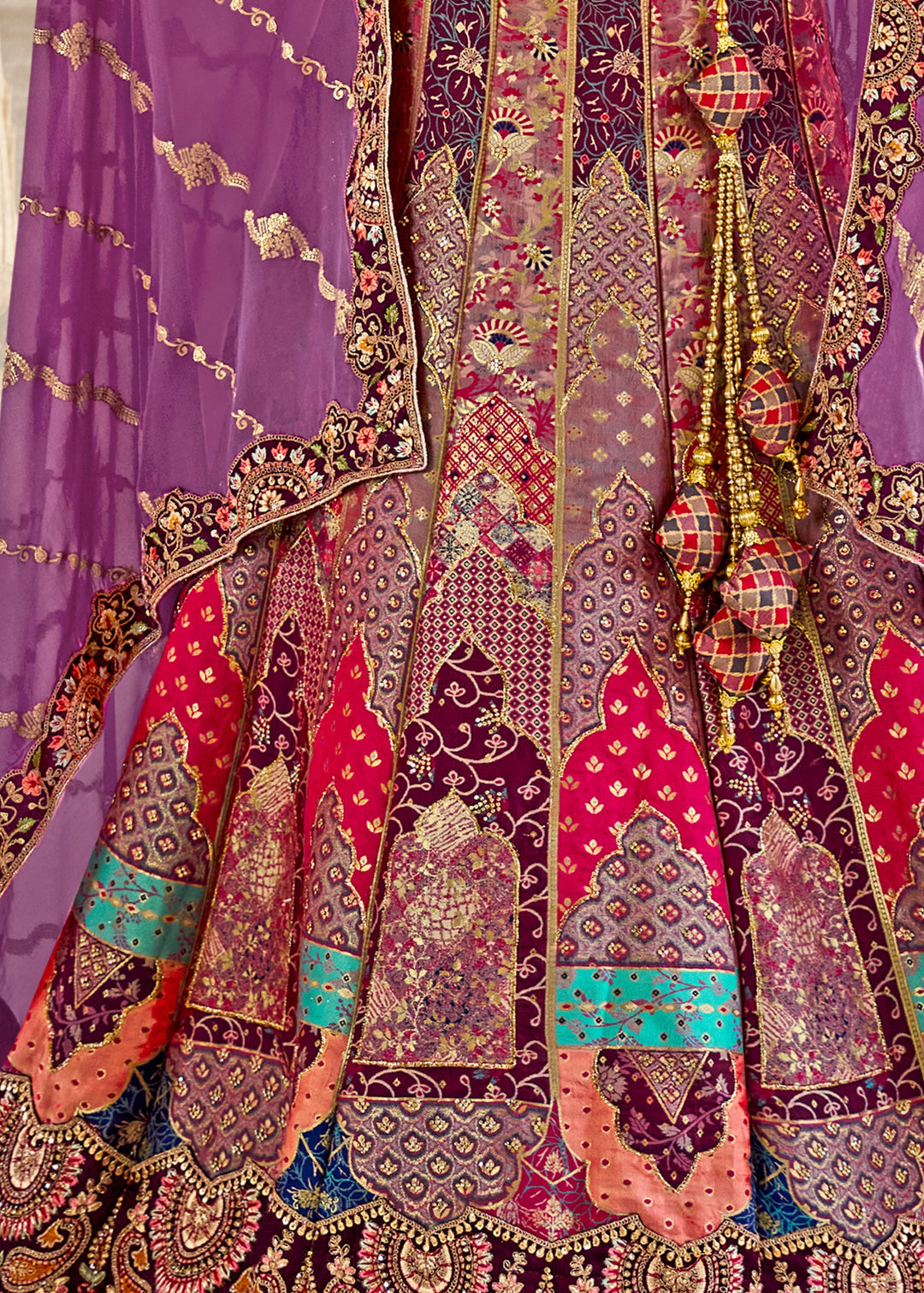 Violet Purple & Pink Banarasi Silk Lehenga Choli with Zarkan, Sequence and Thread Work