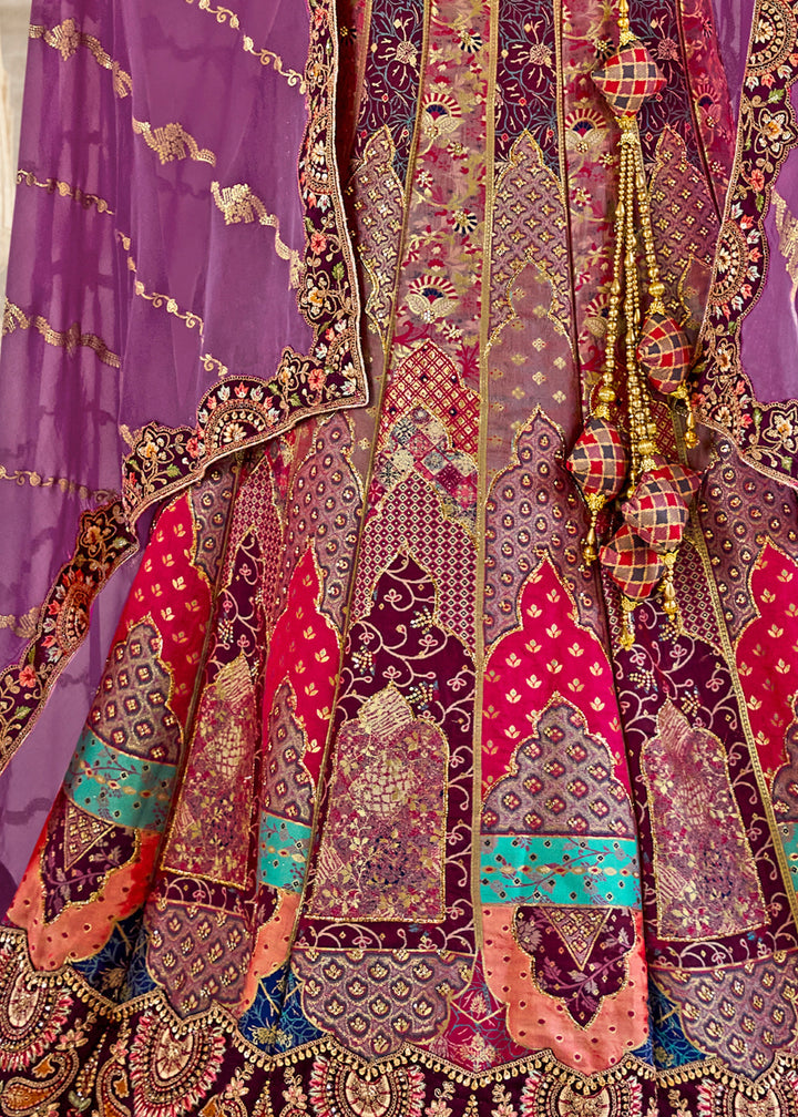 Violet Purple & Pink Banarasi Silk Lehenga Choli with Zarkan, Sequence and Thread Work