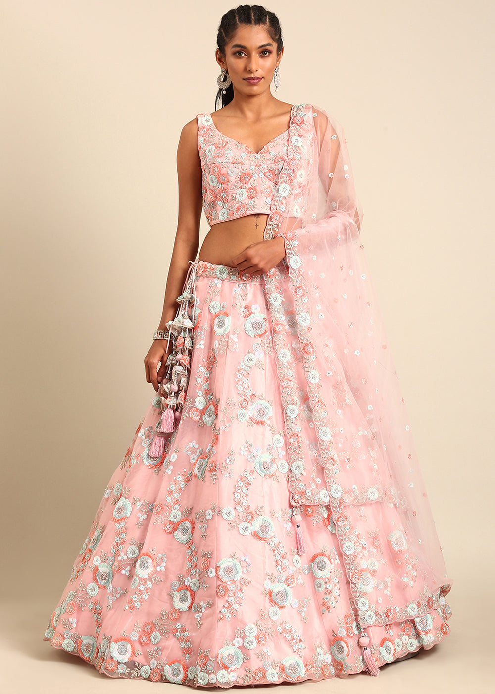 Shades Of Pink Net Lehenga Choli with Sequins & Zarkan Embroidery work