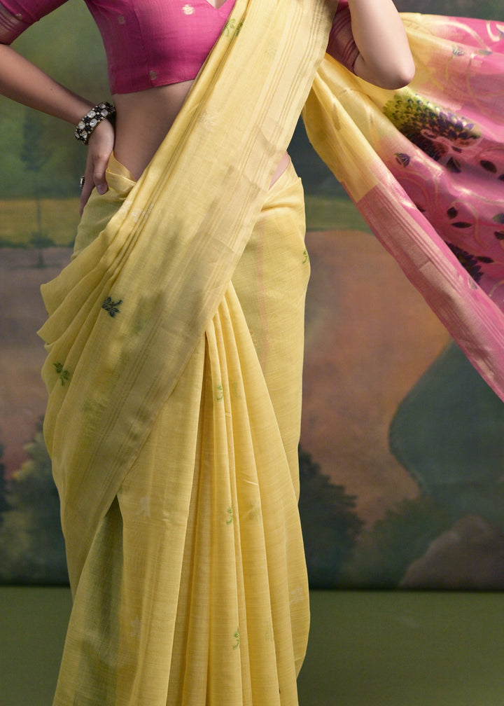 Lemon Yellow Thread Woven Cotton Saree With Contrast Blouse And Pallu