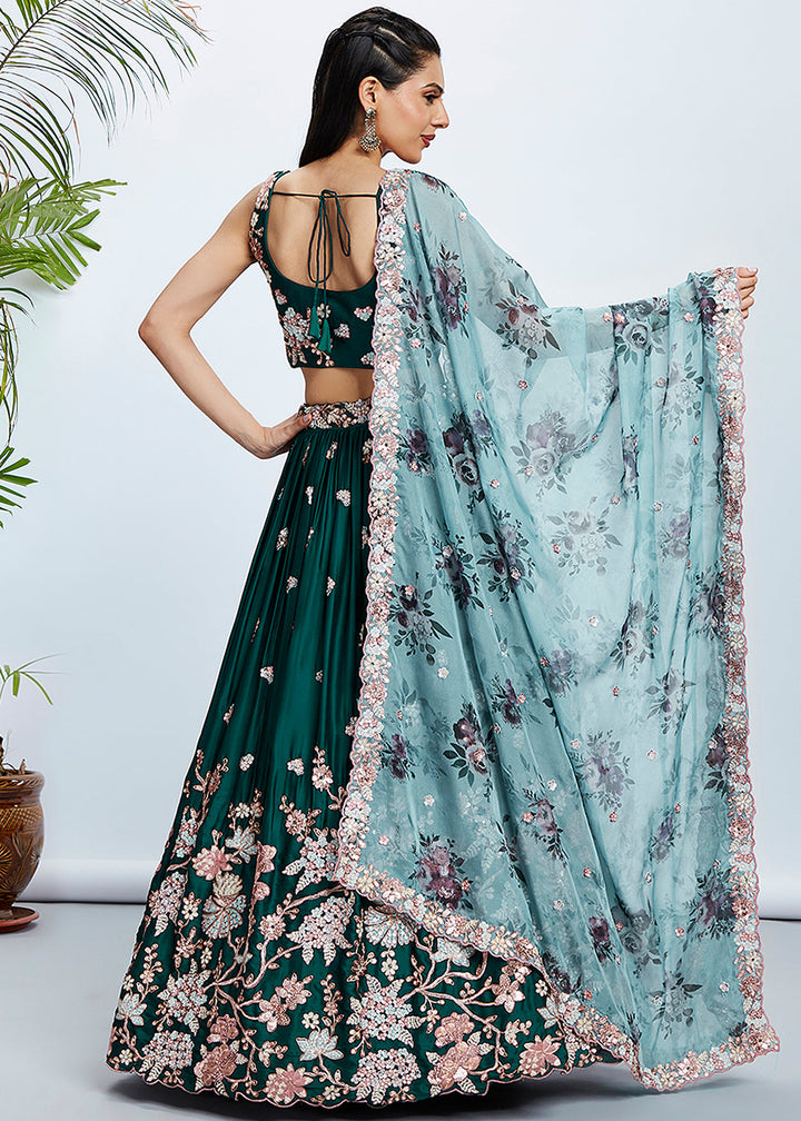 Dark Green Georgette Lehenga Choli with Sequins & Thread Embroidery work