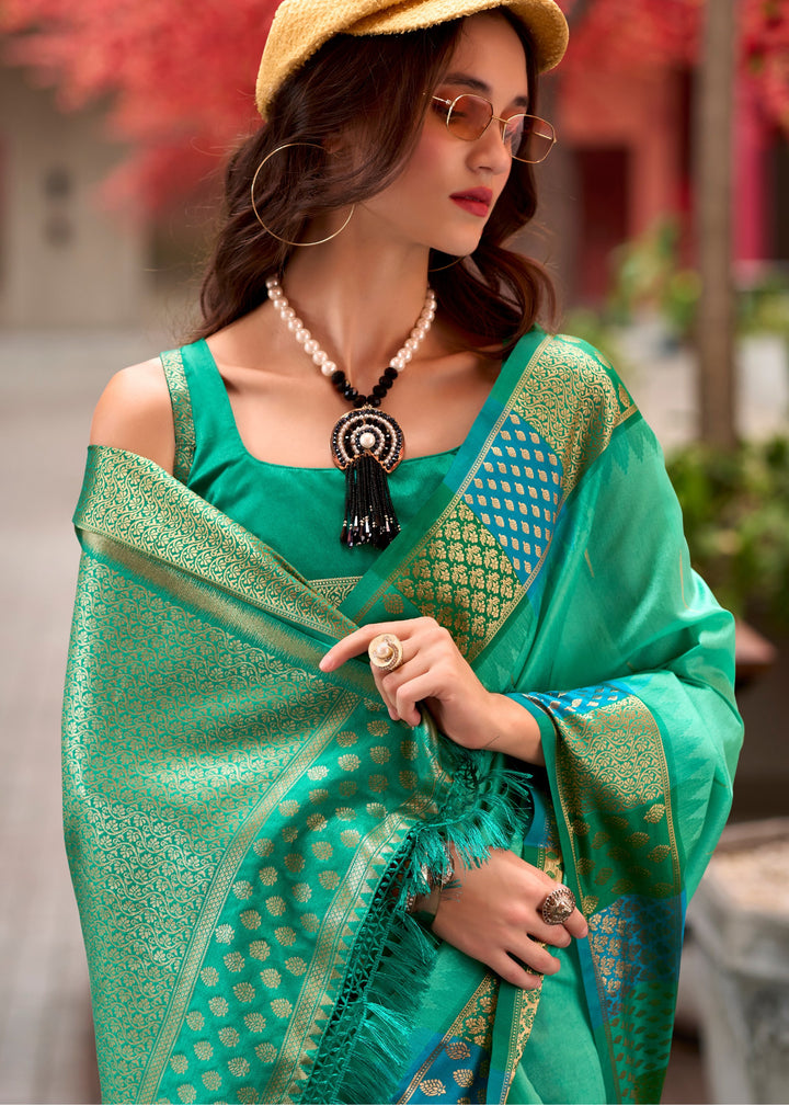 Cyan Green Banarasi Silk Saree With Beautiful Contrast Border