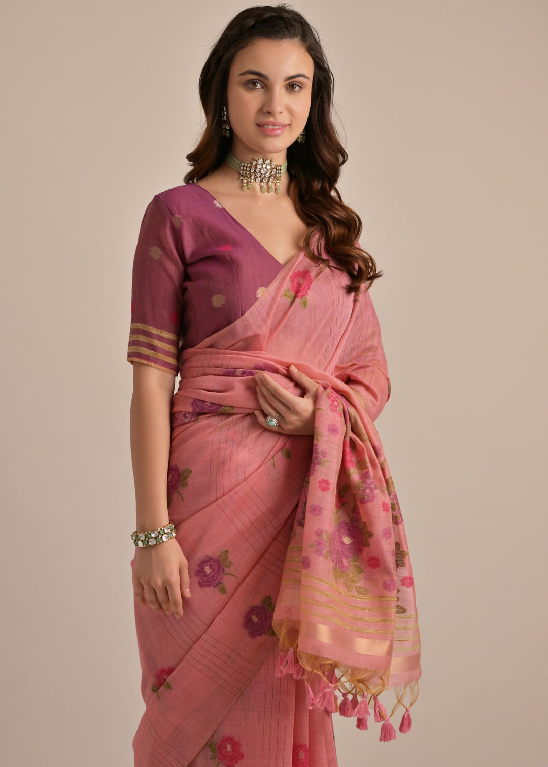 Coral Pink Thread Woven Cotton Saree With Contrast Blouse