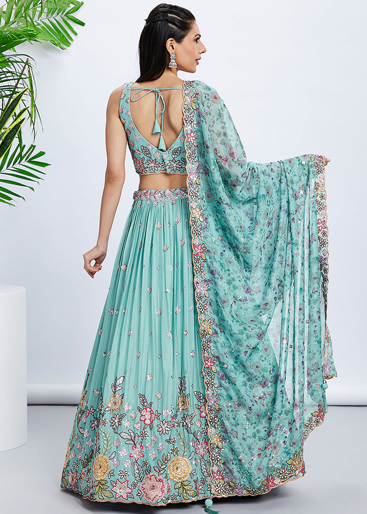 Turquoise Blue Chiffon Lehenga Choli with Sequins & Thread Embroidery work