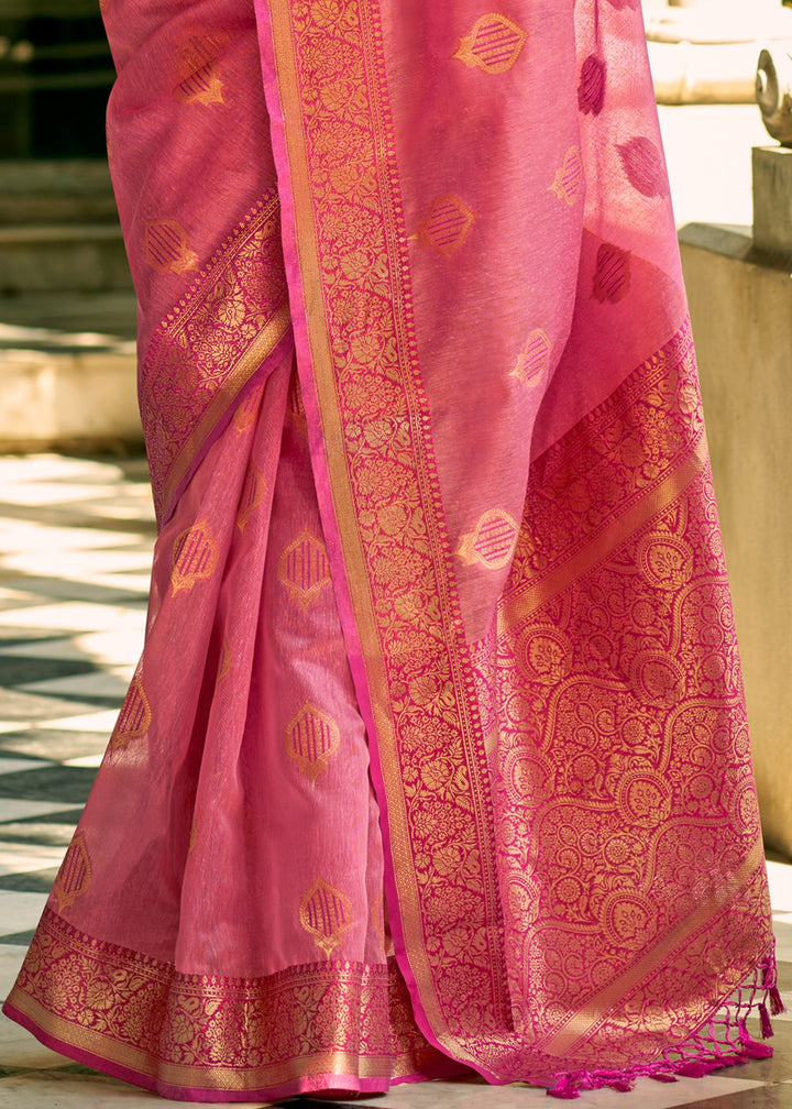 Barbie Pink Soft Tissue Silk Saree With Contrast Border