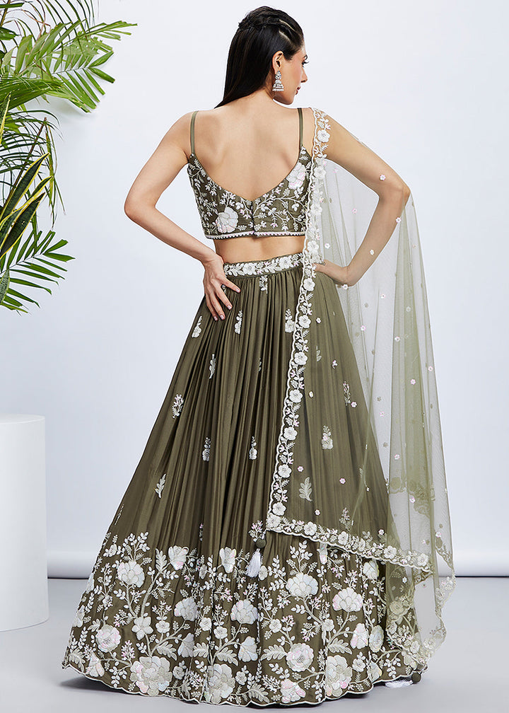 Olive Green Georgette Lehenga Choli with Sequins & Thread Embroidery work