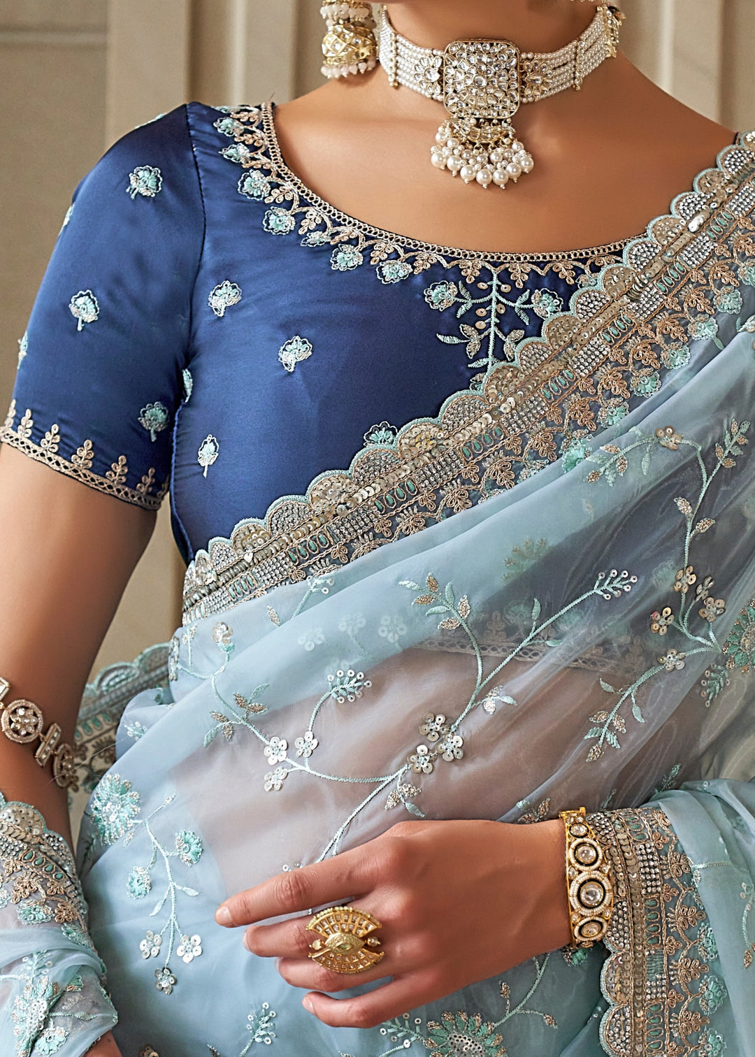 Sky Blue Fancy Tissue Saree With Unique Work And Designer Blouse