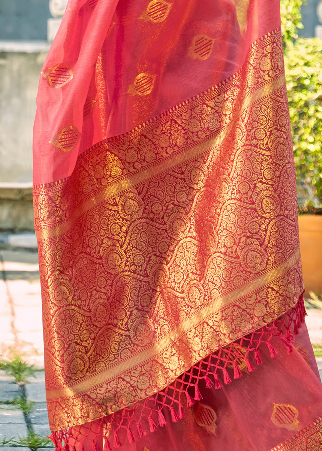 Coral Pink Soft Tissue Silk Saree With Contrast Border